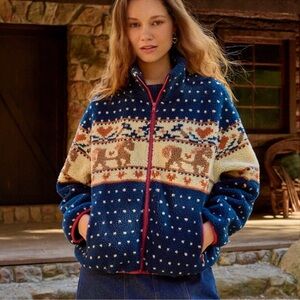 Cider Fleece Holiday Horse Sherpa Navy Red Zip Jacket Medium NEW